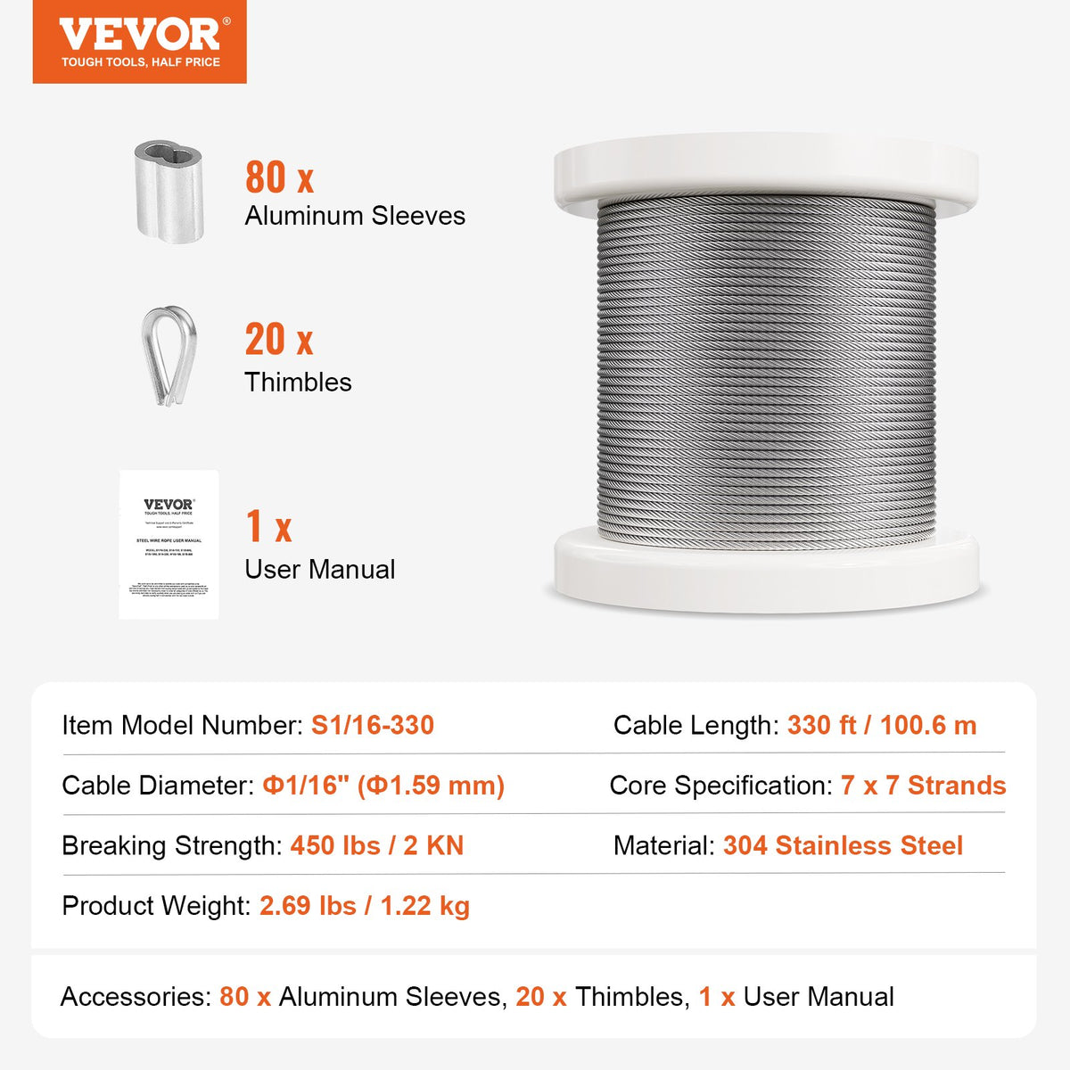 Wire Rope Kit, 1.59 mm 100.6 m 304 Stainless Steel Cable with 80 Sleeves and 20 Thimbles, 2KN Breaking V952-BXGGSS330FTBMD4CEV0
