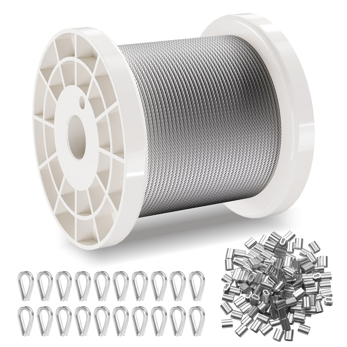 Wire Rope Kit, 1.59 mm 100.6 m 304 Stainless Steel Cable with 80 Sleeves and 20 Thimbles, 2KN Breaking V952-BXGGSS330FTBMD4CEV0