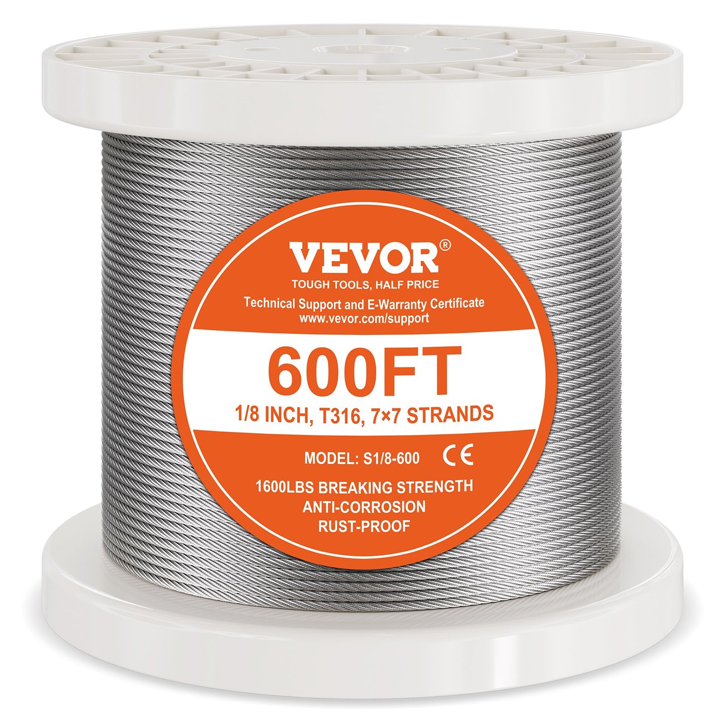 T316 Stainless Steel Cable 3.18mm 7x7 Steel Wire Rope 182.3m Cable Railing V952-BXGGSSBXG3160WC09V0