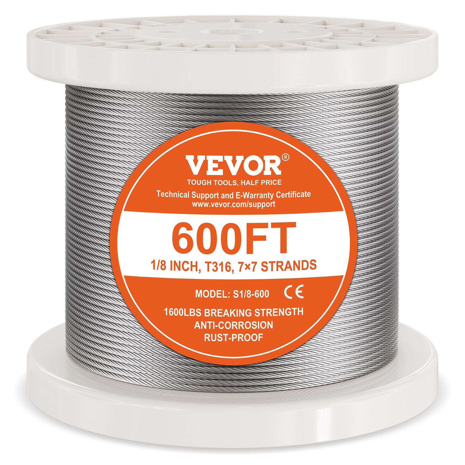 T316 Stainless Steel Cable 3.18mm 7x7 Steel Wire Rope 182.3m Cable Railing V952-BXGGSSBXG3160WC09V0
