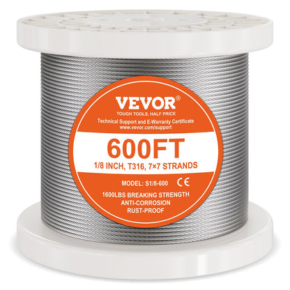 T316 Stainless Steel Cable 3.18mm 7x7 Steel Wire Rope 182.3m Cable Railing V952-BXGGSSBXG3160WC09V0