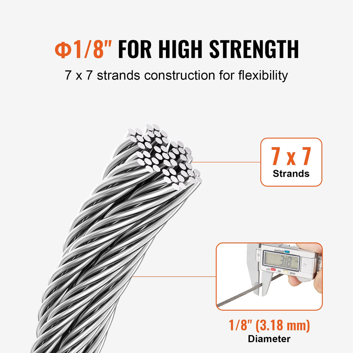 T316 Stainless Steel Cable 3.18mm 7x7 Steel Wire Rope 182.3m Cable Railing V952-BXGGSSBXG3160WC09V0