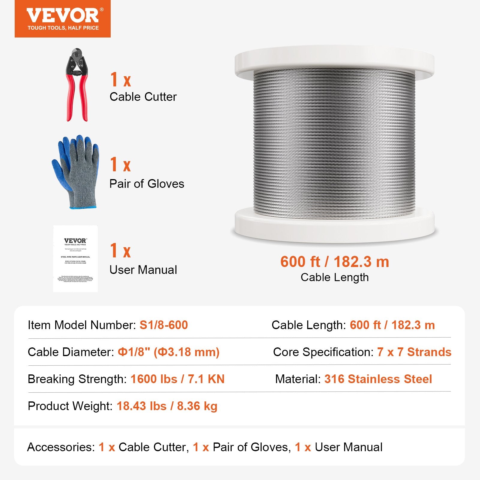 T316 Stainless Steel Cable 3.18mm 7x7 Steel Wire Rope 182.3m Cable Railing V952-BXGGSSBXG3160WC09V0