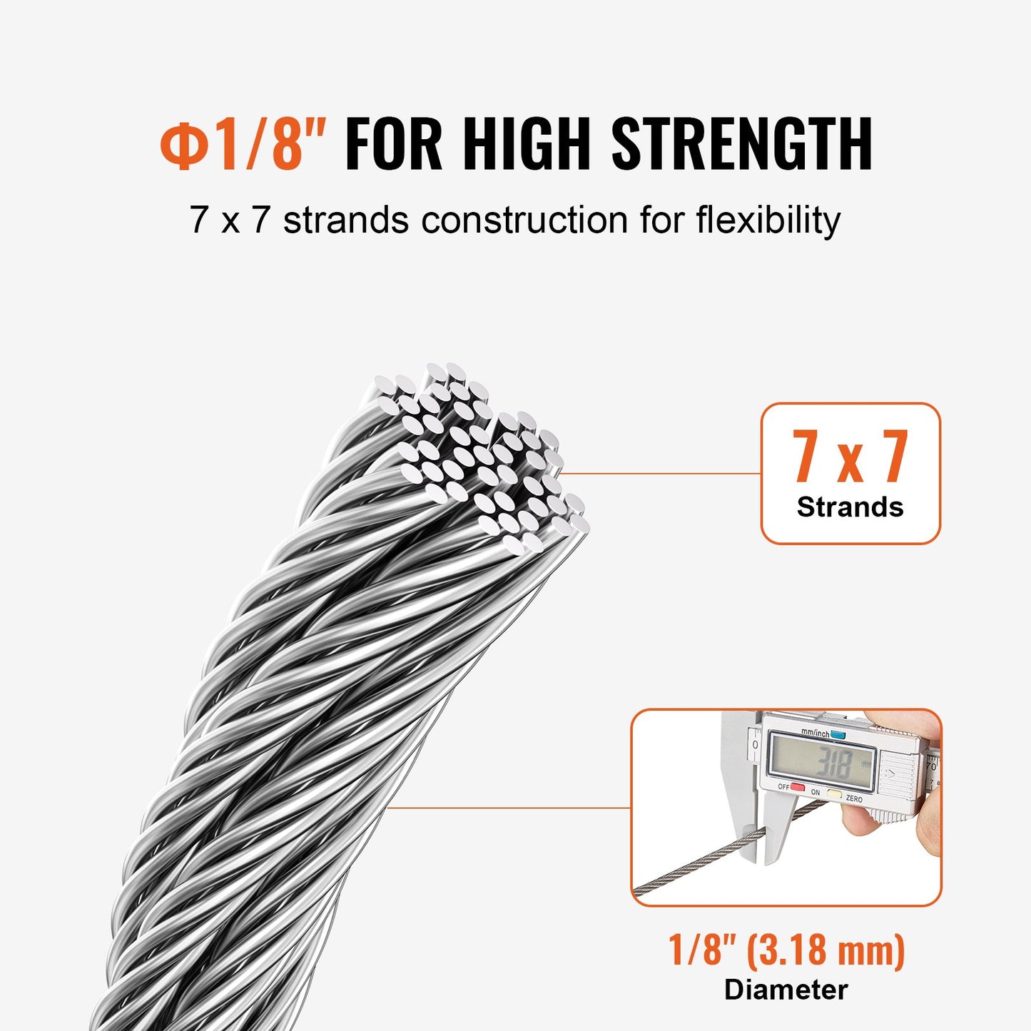 Wire Rope Kit, 3.18 mm 305 m 316 Stainless Steel Cable with Cutter and Gloves, 7.1KN Breaking Strength, 7x7 V952-BXGGSSBXG3163WG03V0
