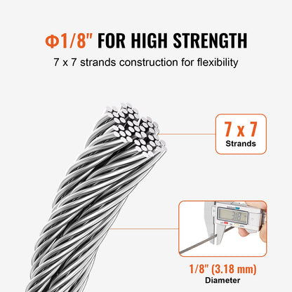 Wire Rope Kit, 3.18 mm 305 m 316 Stainless Steel Cable with Cutter and Gloves, 7.1KN Breaking Strength, 7x7 V952-BXGGSSBXG3163WG03V0