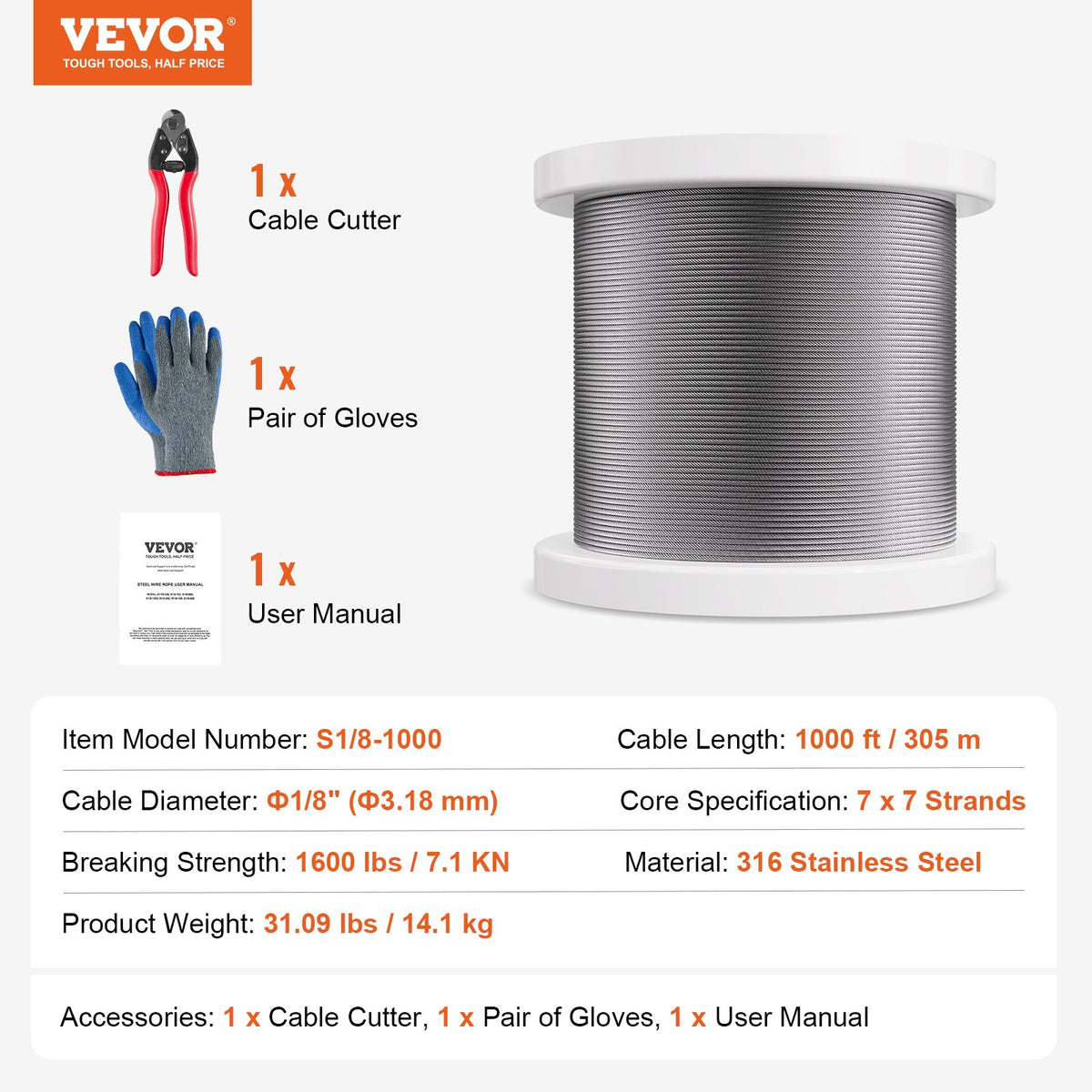 Wire Rope Kit, 3.18 mm 305 m 316 Stainless Steel Cable with Cutter and Gloves, 7.1KN Breaking Strength, 7x7 V952-BXGGSSBXG3163WG03V0