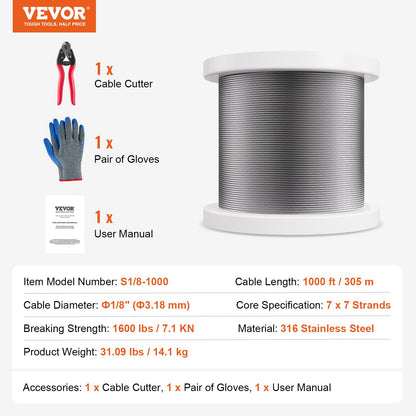 Wire Rope Kit, 3.18 mm 305 m 316 Stainless Steel Cable with Cutter and Gloves, 7.1KN Breaking Strength, 7x7 V952-BXGGSSBXG3163WG03V0