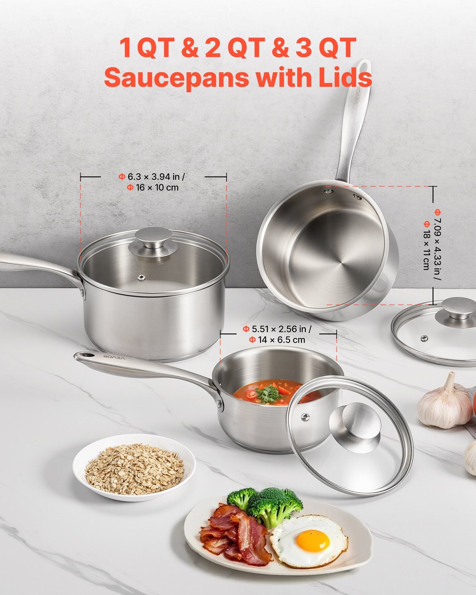Stainless Steel Saucepan Set, 1 QT & 2 QT & 3 QT Saucepans with Glass Lids, Multipurpose Nonstick Stainless V952-BXGJG123QT3JB8H68001V0
