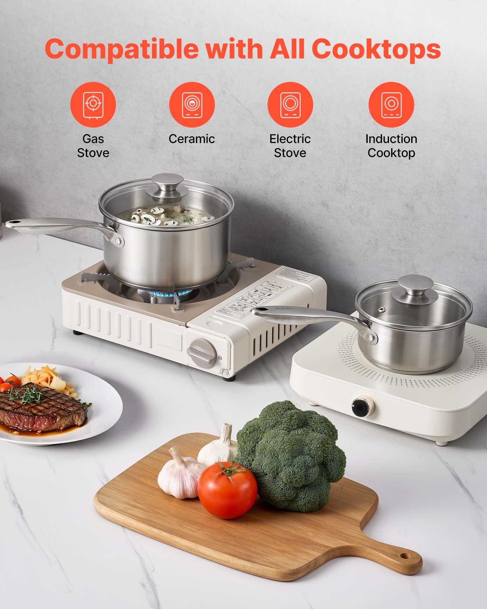 Stainless Steel Saucepan Set, 1 QT & 2 QT & 3 QT Saucepans with Glass Lids, Multipurpose Nonstick Stainless V952-BXGJG123QT3JB8H68001V0