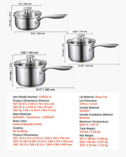 Stainless Steel Saucepan Set, 1 QT & 2 QT & 3 QT Saucepans with Glass Lids, Multipurpose Nonstick Stainless V952-BXGJG123QT3JB8H68001V0
