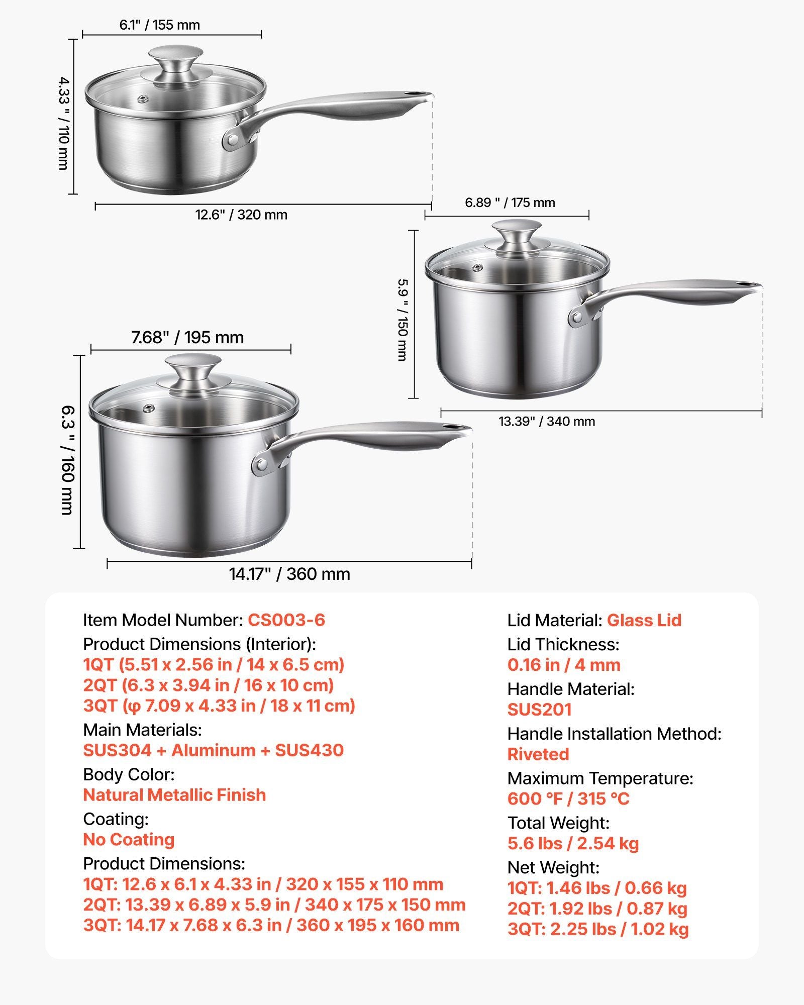 Stainless Steel Saucepan Set, 1 QT & 2 QT & 3 QT Saucepans with Glass Lids, Multipurpose Nonstick Stainless V952-BXGJG123QT3JB8H68001V0