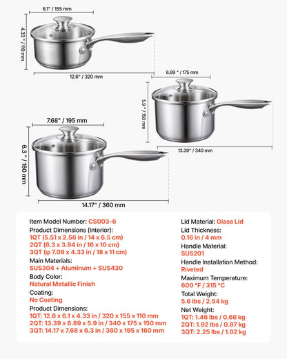 Stainless Steel Saucepan Set, 1 QT & 2 QT & 3 QT Saucepans with Glass Lids, Multipurpose Nonstick Stainless V952-BXGJG123QT3JB8H68001V0