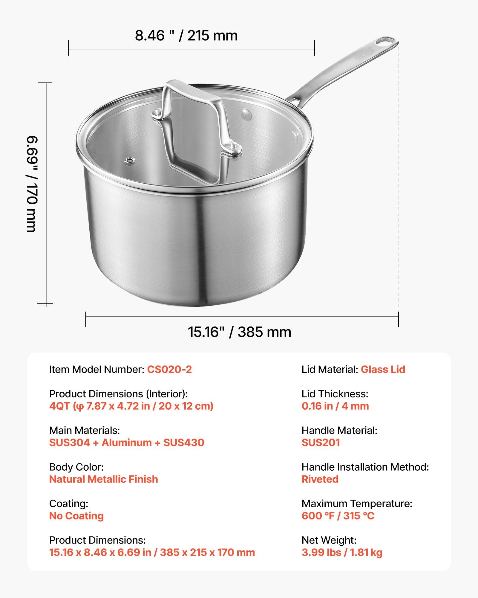 4 QT Saucepan, Stainless Steel Saucepan with Glass Lid, Multipurpose Nonstick Stainless Steel Small Cooking V952-BXGJG4QT1JTWFU824001V0