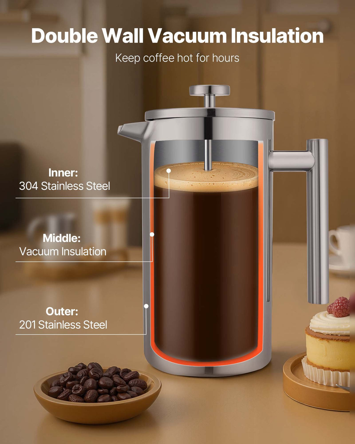 French Press Coffee Maker, 1.5 Liter Stainless Steel Coffee Press Tea Maker with Filter, Large Double Wall V952-BXGKFYHBXGYSXDLKO001V0