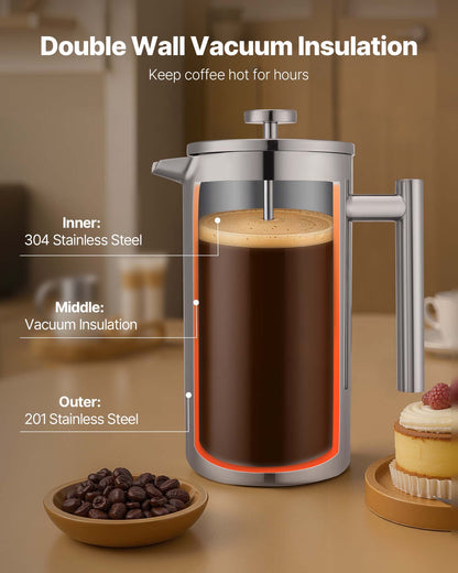 French Press Coffee Maker, 1.5 Liter Stainless Steel Coffee Press Tea Maker with Filter, Large Double Wall V952-BXGKFYHBXGYSXDLKO001V0