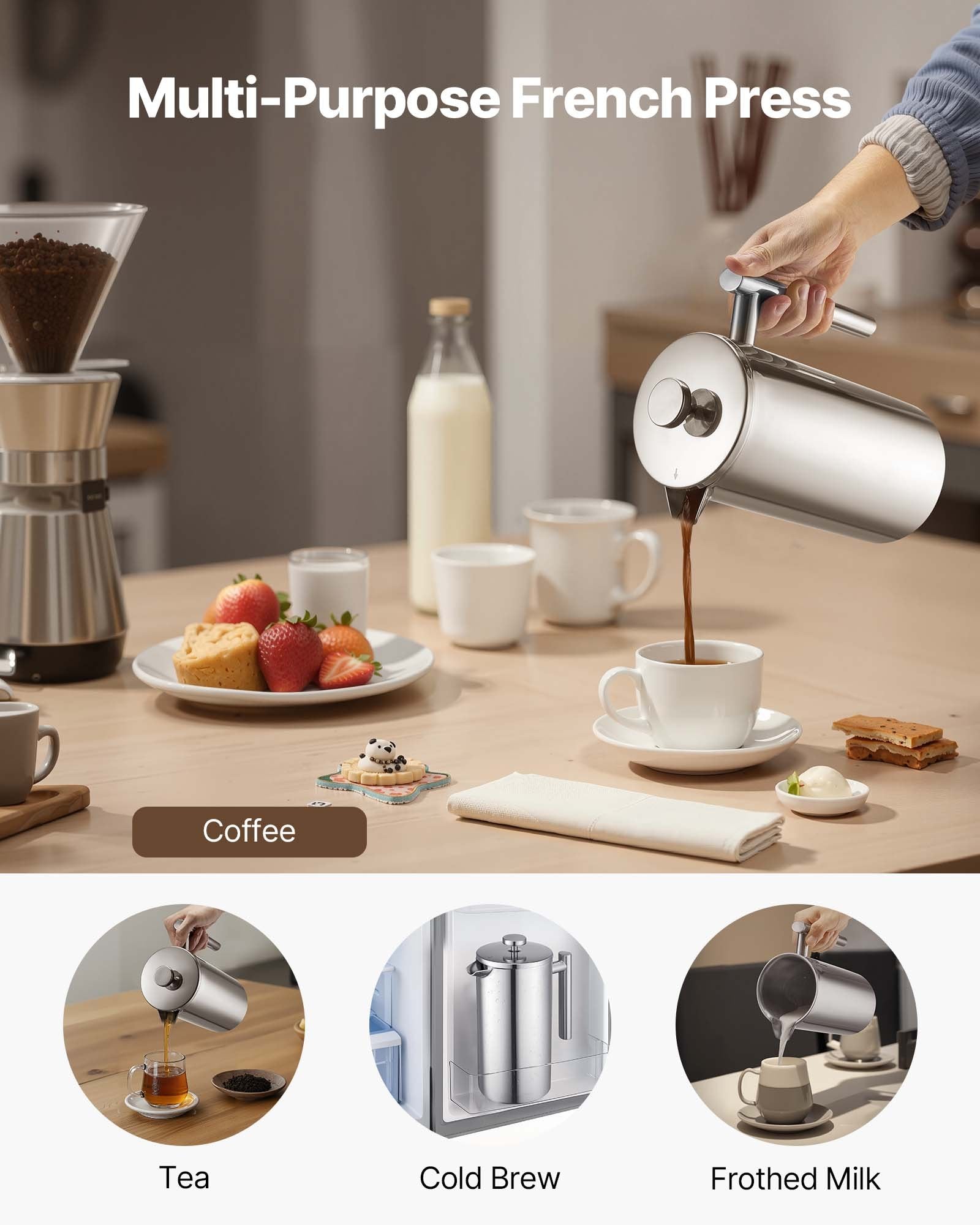 French Press Coffee Maker, 1.5 Liter Stainless Steel Coffee Press Tea Maker with Filter, Large Double Wall V952-BXGKFYHBXGYSXDLKO001V0