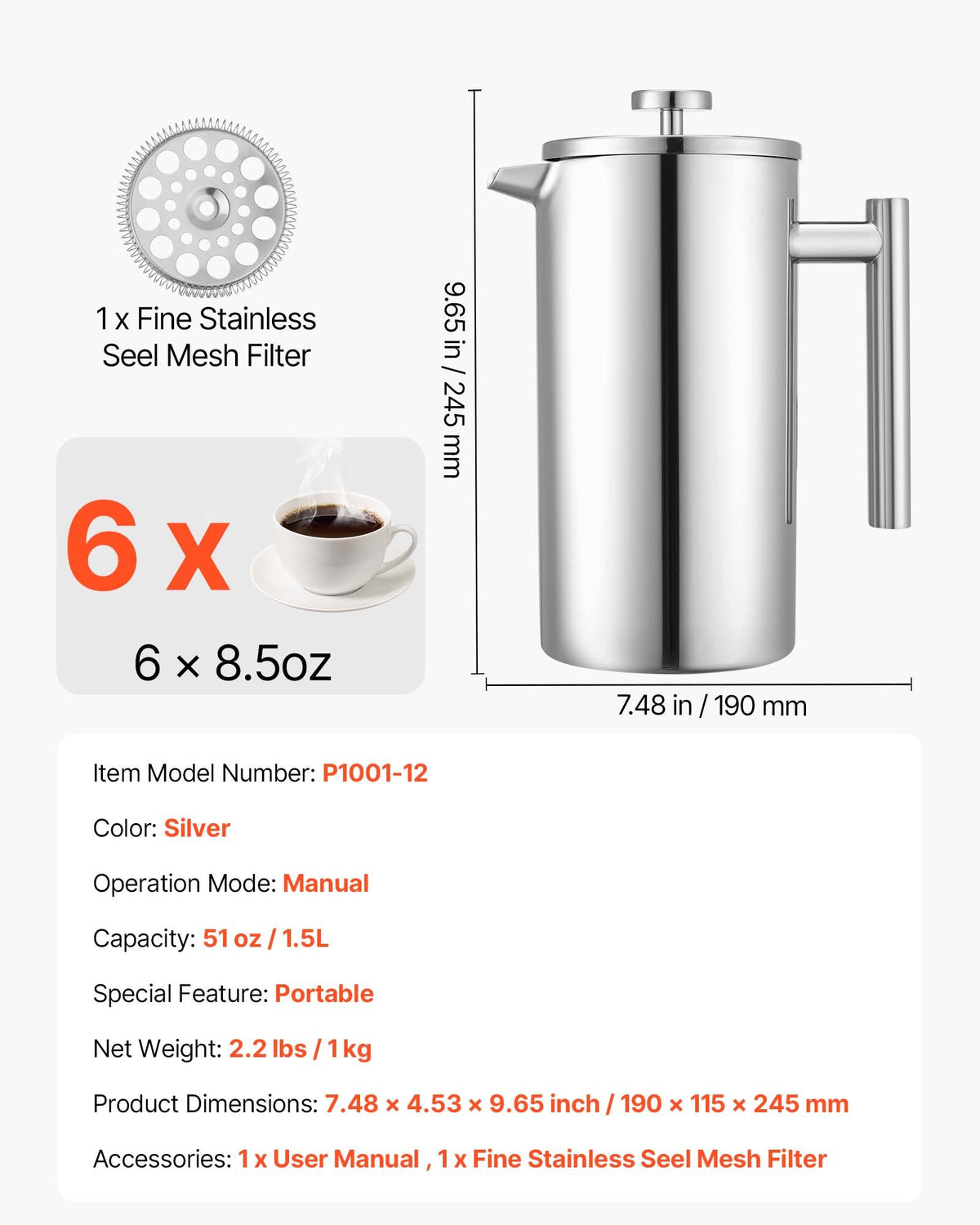 French Press Coffee Maker, 1.5 Liter Stainless Steel Coffee Press Tea Maker with Filter, Large Double Wall V952-BXGKFYHBXGYSXDLKO001V0