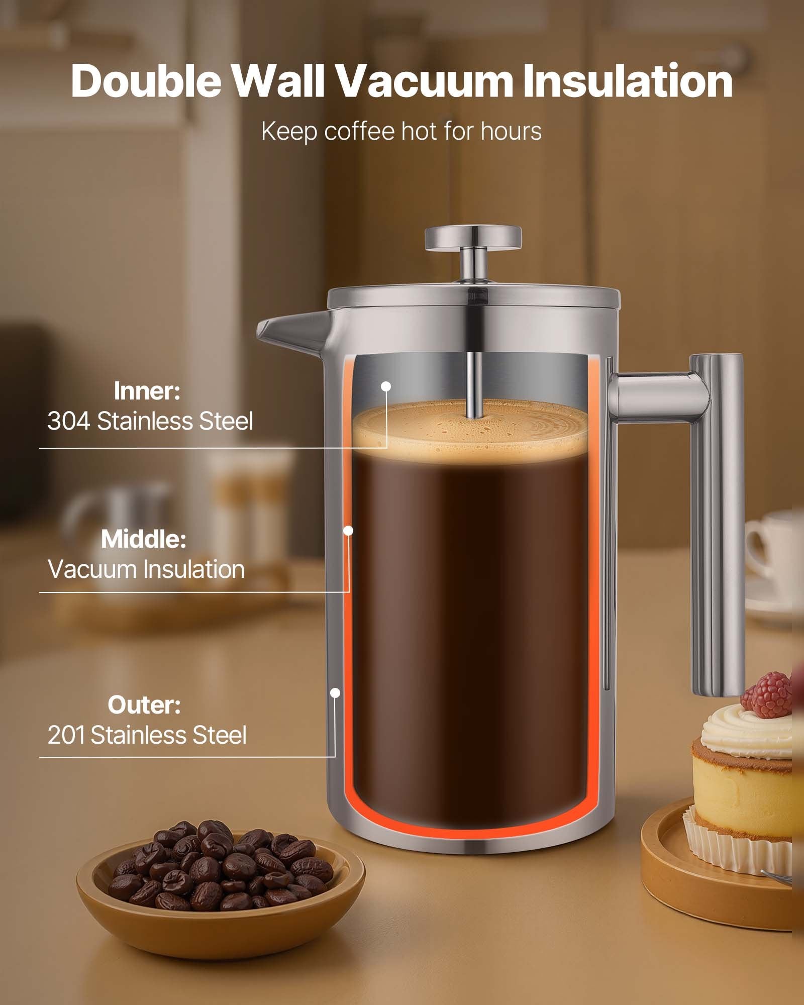 French Press Coffee Maker, 1 Liter Stainless Steel Coffee Press Tea Maker with Filter, Large Double Wall V952-BXGKFYHBXGYSZP2FL001V0