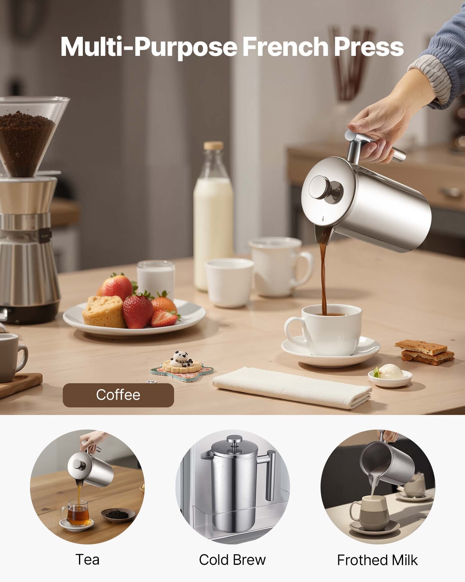French Press Coffee Maker, 1 Liter Stainless Steel Coffee Press Tea Maker with Filter, Large Double Wall V952-BXGKFYHBXGYSZP2FL001V0