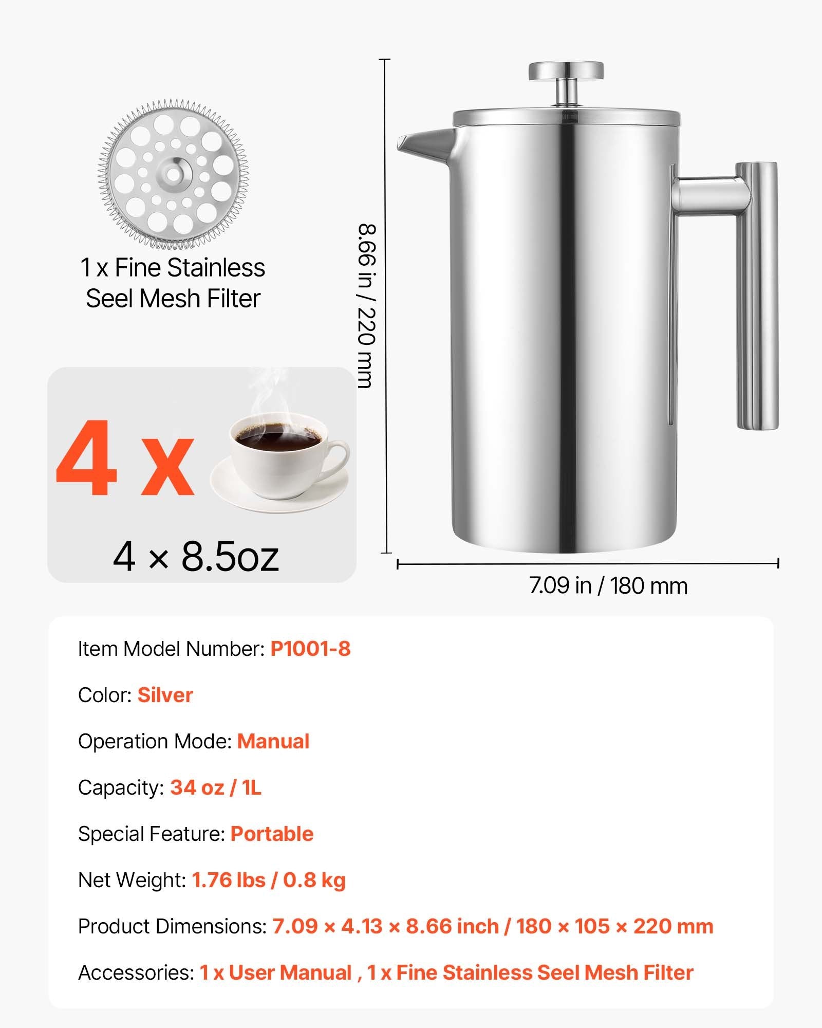French Press Coffee Maker, 1 Liter Stainless Steel Coffee Press Tea Maker with Filter, Large Double Wall V952-BXGKFYHBXGYSZP2FL001V0