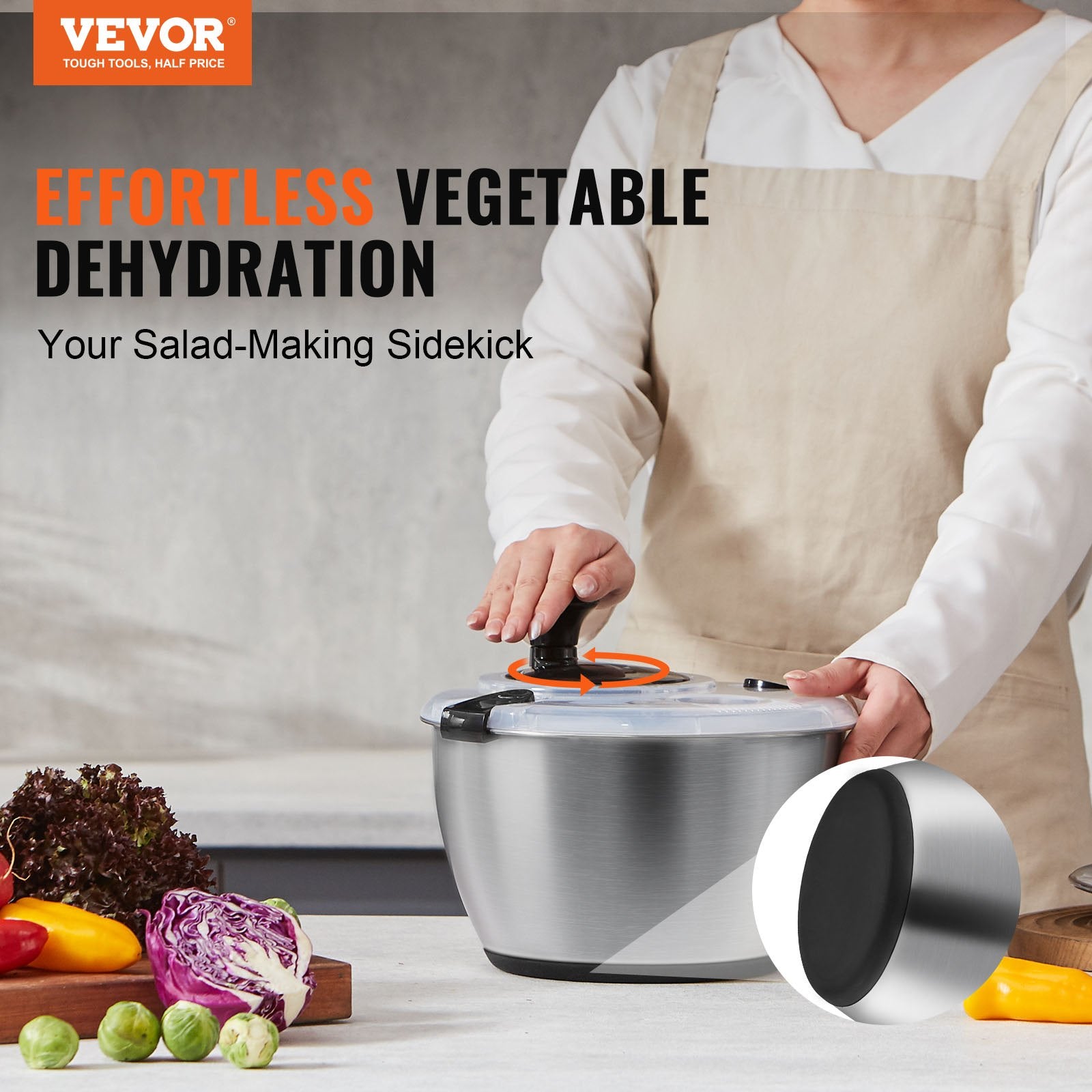 Stainless Steel Salad Spinner, 4.5L, One-handed Easy Press Large Vegetable Dryer Washer, Lettuce Cleaner and V952-BXGKSLXZQ304P4FP6V0