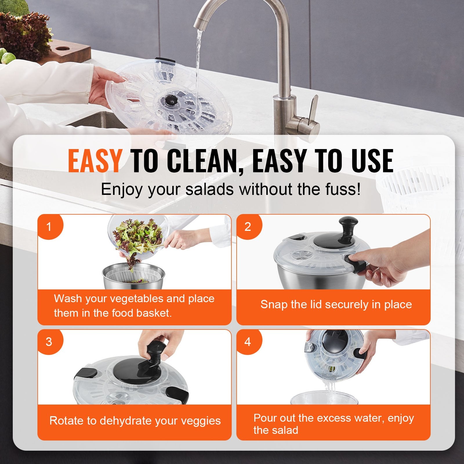 Stainless Steel Salad Spinner, 4.5L, One-handed Easy Press Large Vegetable Dryer Washer, Lettuce Cleaner and V952-BXGKSLXZQ304P4FP6V0