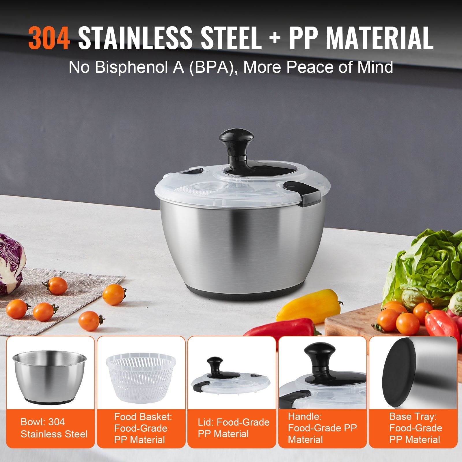 Stainless Steel Salad Spinner, 4.5L, One-handed Easy Press Large Vegetable Dryer Washer, Lettuce Cleaner and V952-BXGKSLXZQ304P4FP6V0