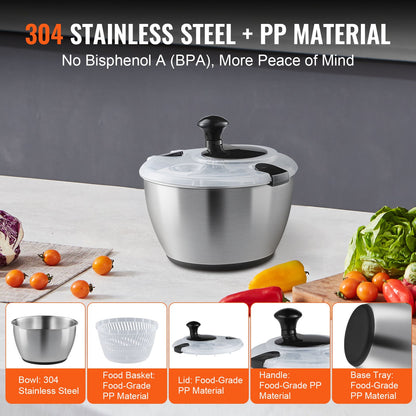 Stainless Steel Salad Spinner, 4.5L, One-handed Easy Press Large Vegetable Dryer Washer, Lettuce Cleaner and V952-BXGKSLXZQ304P4FP6V0
