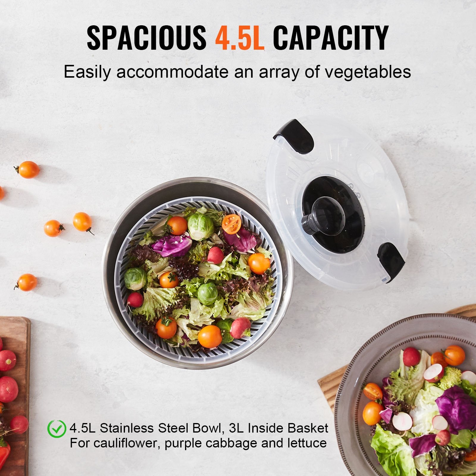 Stainless Steel Salad Spinner, 4.5L, One-handed Easy Press Large Vegetable Dryer Washer, Lettuce Cleaner and V952-BXGKSLXZQ304P4FP6V0