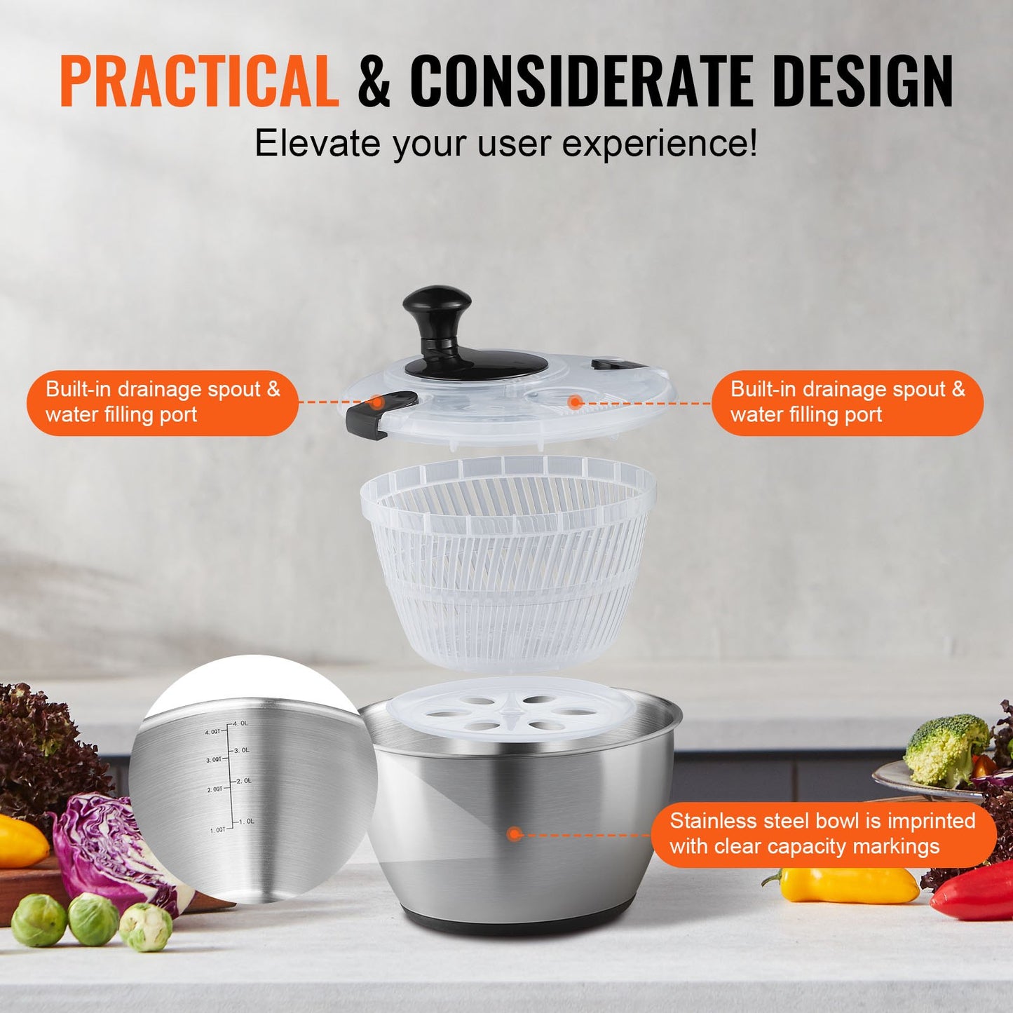 Stainless Steel Salad Spinner, 4.5L, One-handed Easy Press Large Vegetable Dryer Washer, Lettuce Cleaner and V952-BXGKSLXZQ304P4FP6V0