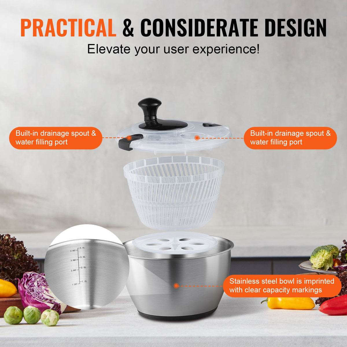 Stainless Steel Salad Spinner, 4.5L, One-handed Easy Press Large Vegetable Dryer Washer, Lettuce Cleaner and V952-BXGKSLXZQ304P4FP6V0