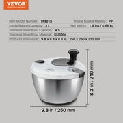 Stainless Steel Salad Spinner, 4.5L, One-handed Easy Press Large Vegetable Dryer Washer, Lettuce Cleaner and V952-BXGKSLXZQ304P4FP6V0