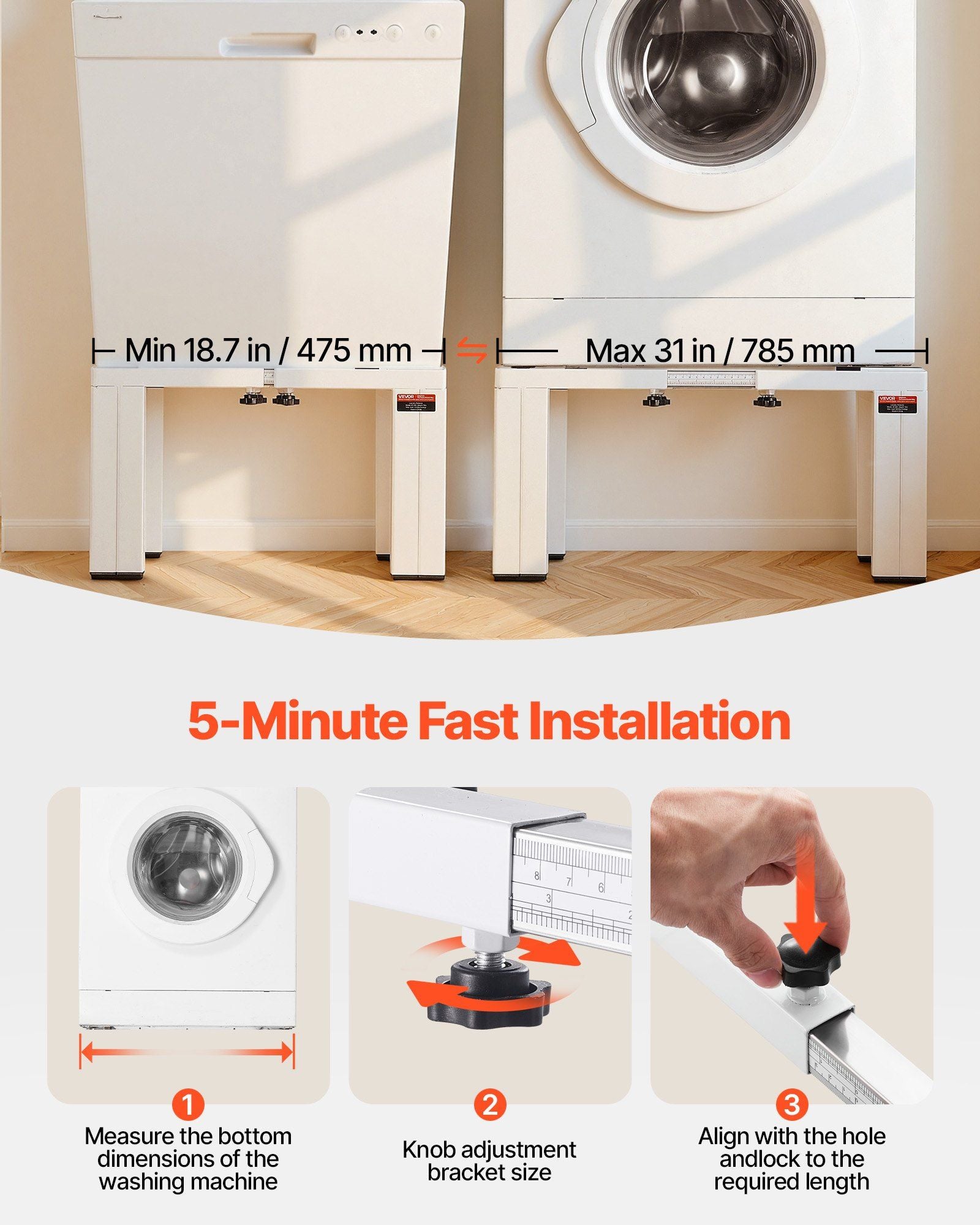 Laundry Pedestal, 305 mm Height, Washer and Dryer Pedestals with 544 kg Weight Load Capacity, 475-785 mm V952-BXGKSSZJBDL1KFCCH001V0