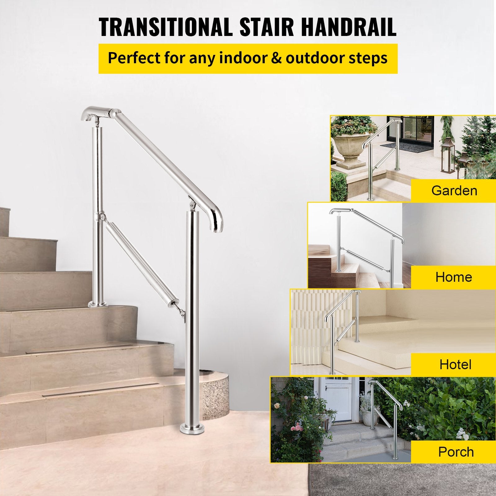 3 Step Railing Stainless Steel Transitional Handrail fit for Level Surface and 1 to 3 Steps Adjustable Stair V952-BXGLTFS3BDLZ00001V0