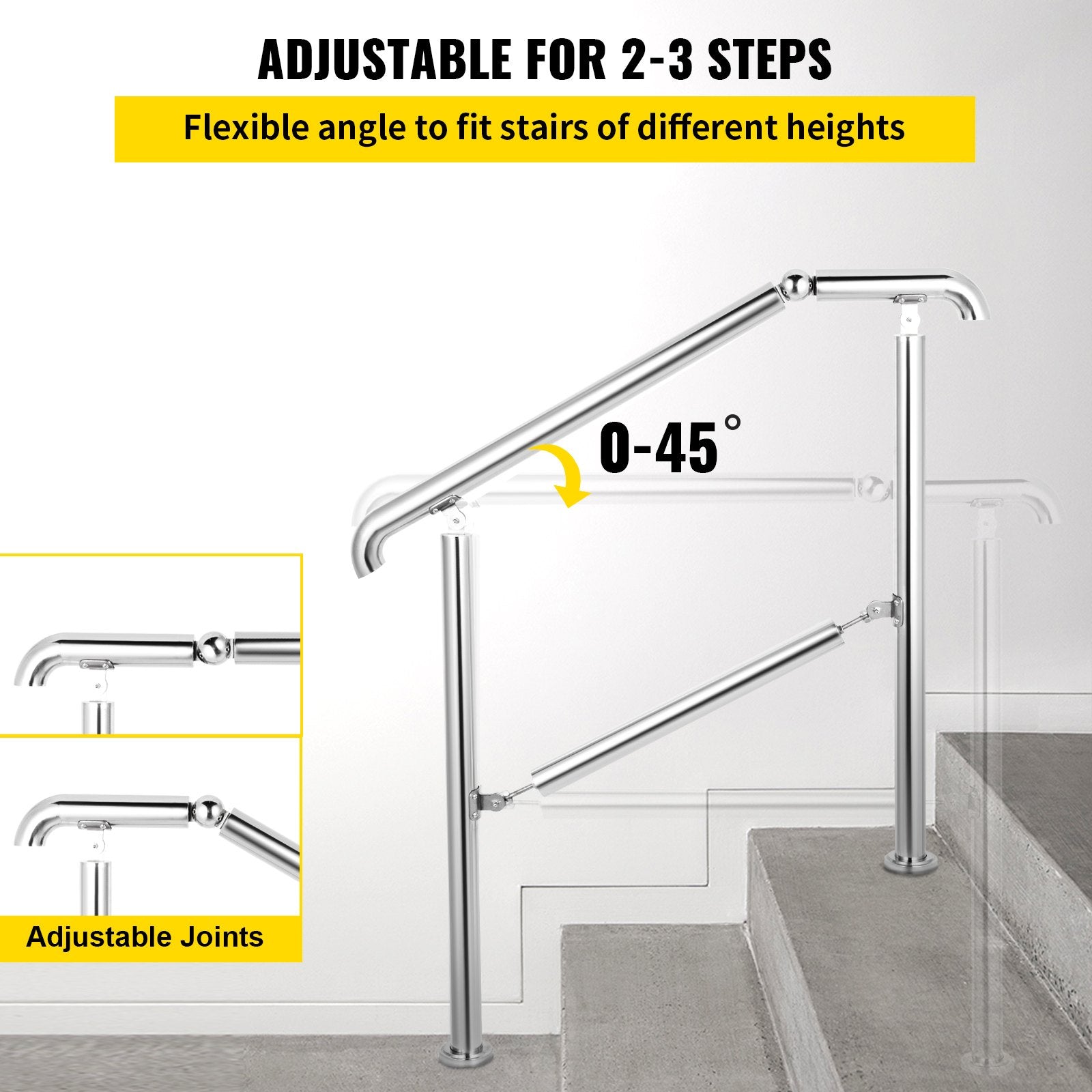 3 Step Railing Stainless Steel Transitional Handrail fit for Level Surface and 1 to 3 Steps Adjustable Stair V952-BXGLTFS3BDLZ00001V0
