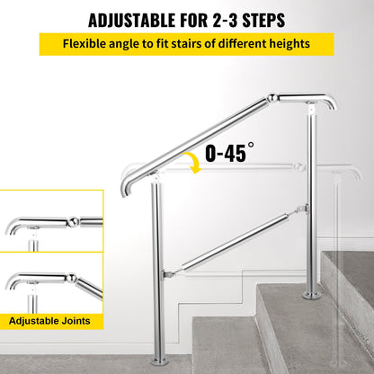 3 Step Railing Stainless Steel Transitional Handrail fit for Level Surface and 1 to 3 Steps Adjustable Stair V952-BXGLTFS3BDLZ00001V0
