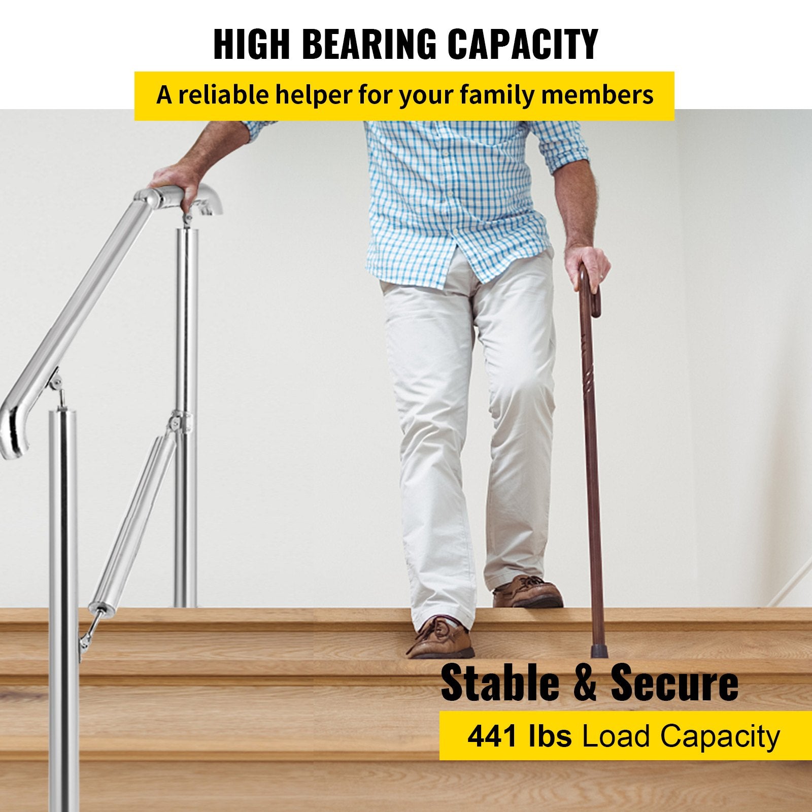 3 Step Railing Stainless Steel Transitional Handrail fit for Level Surface and 1 to 3 Steps Adjustable Stair V952-BXGLTFS3BDLZ00001V0