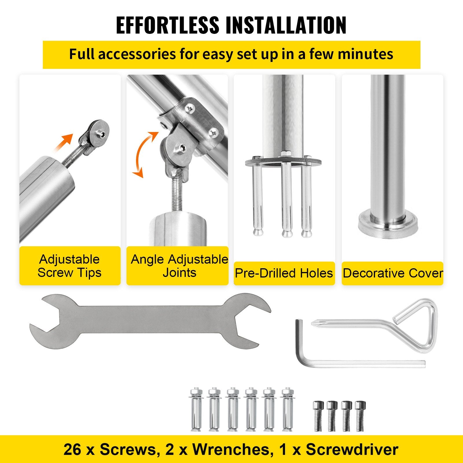 3 Step Railing Stainless Steel Transitional Handrail fit for Level Surface and 1 to 3 Steps Adjustable Stair V952-BXGLTFS3BDLZ00001V0