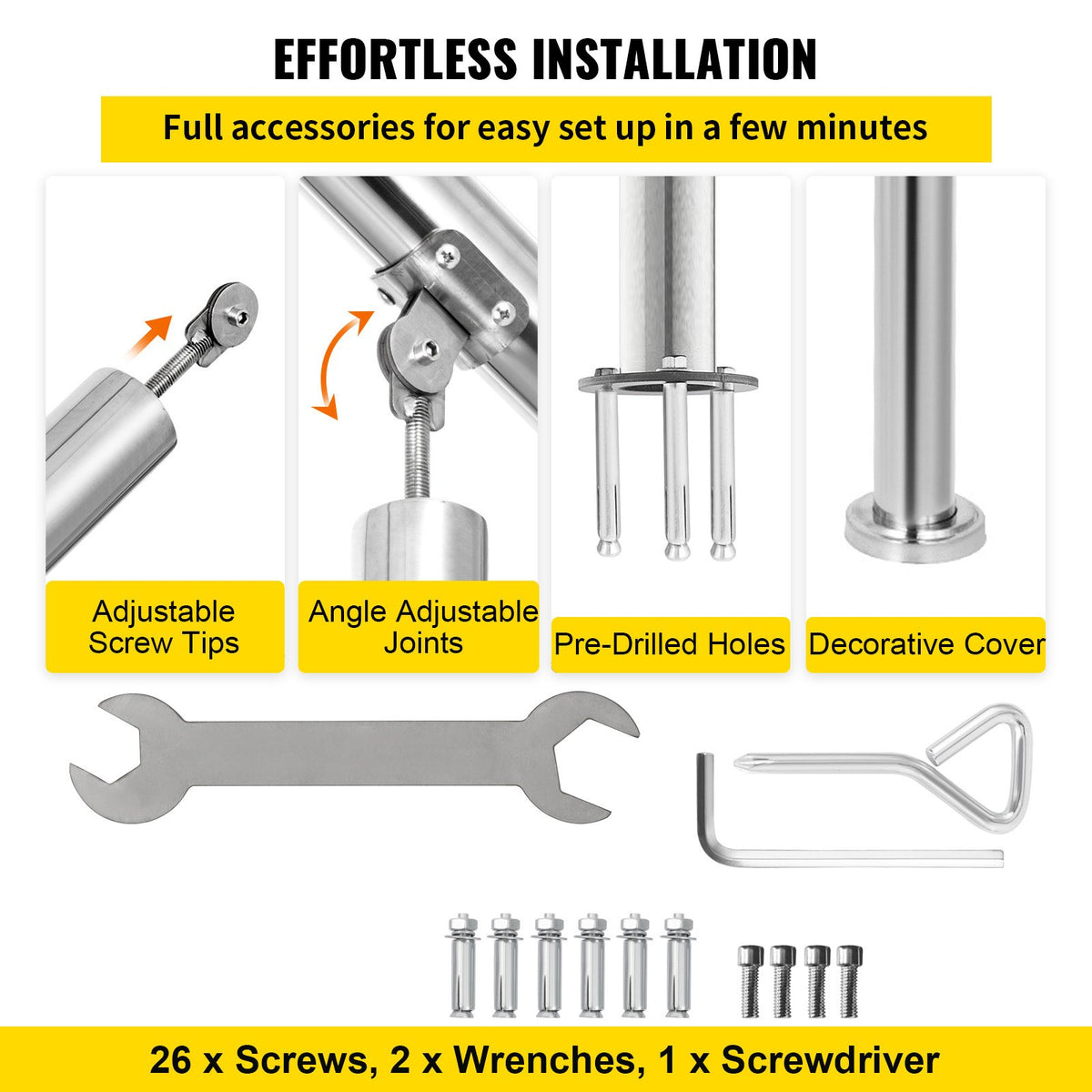 3 Step Railing Stainless Steel Transitional Handrail fit for Level Surface and 1 to 3 Steps Adjustable Stair V952-BXGLTFS3BDLZ00001V0