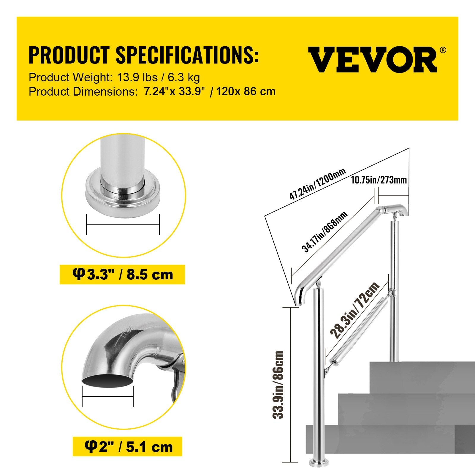 3 Step Railing Stainless Steel Transitional Handrail fit for Level Surface and 1 to 3 Steps Adjustable Stair V952-BXGLTFS3BDLZ00001V0