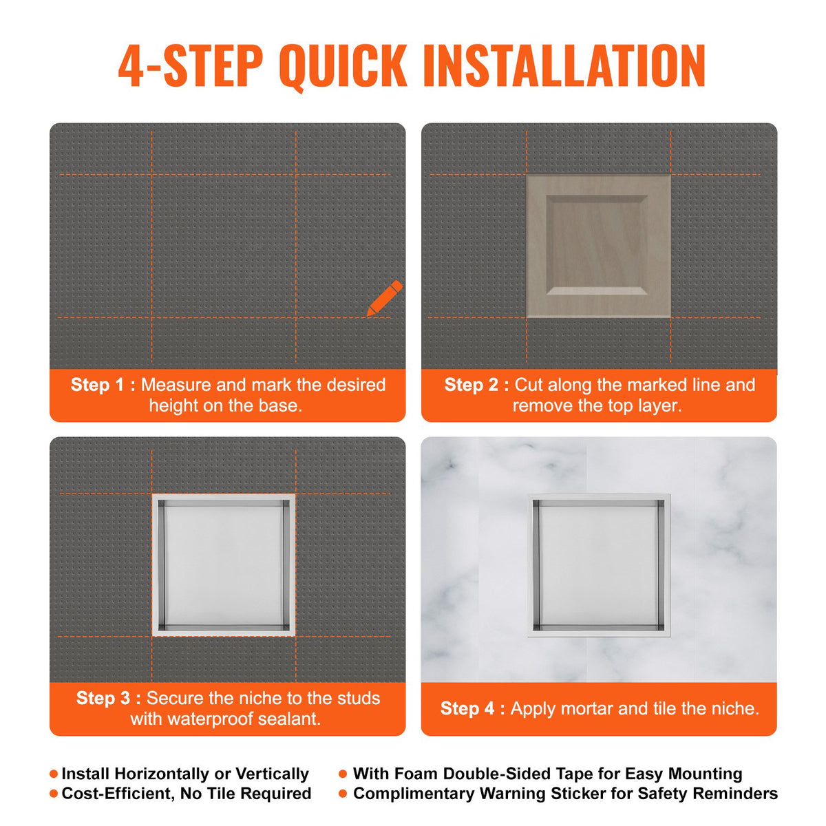 33.02 x 33.02 cm No Tile Shower Niche 304 Stainless Steel, Wall-Inserted Niche Recessed Double Shelves, V952-BXGLYBK1C13YZKIQ0V0