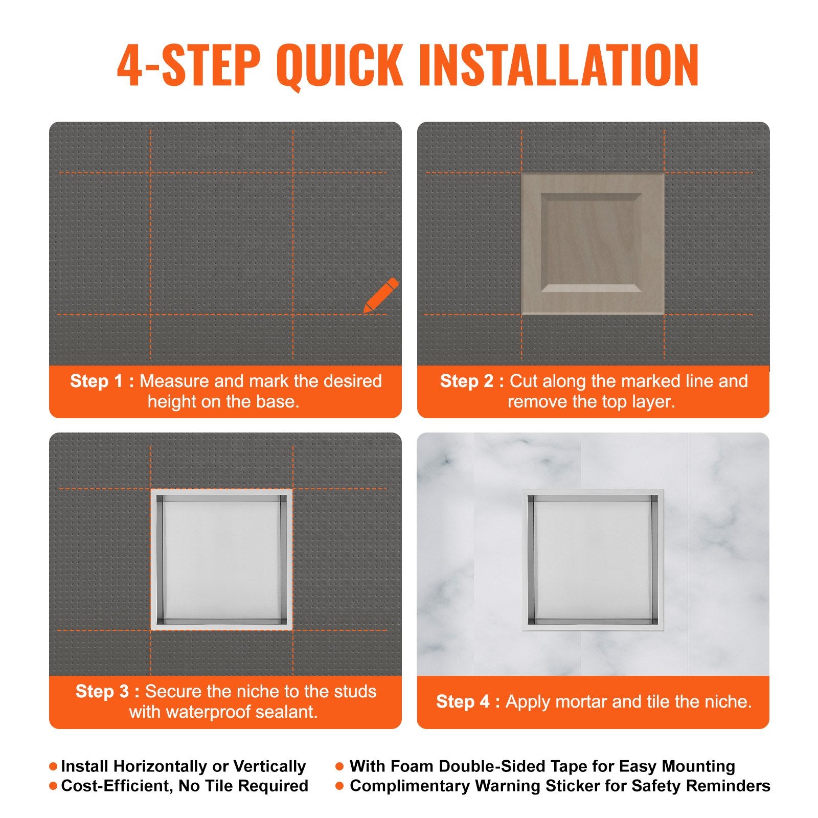 33.02 x 33.02 cm No Tile Shower Niche 304 Stainless Steel, Wall-Inserted Niche Recessed Double Shelves, V952-BXGLYBK1C13YZKIQ0V0