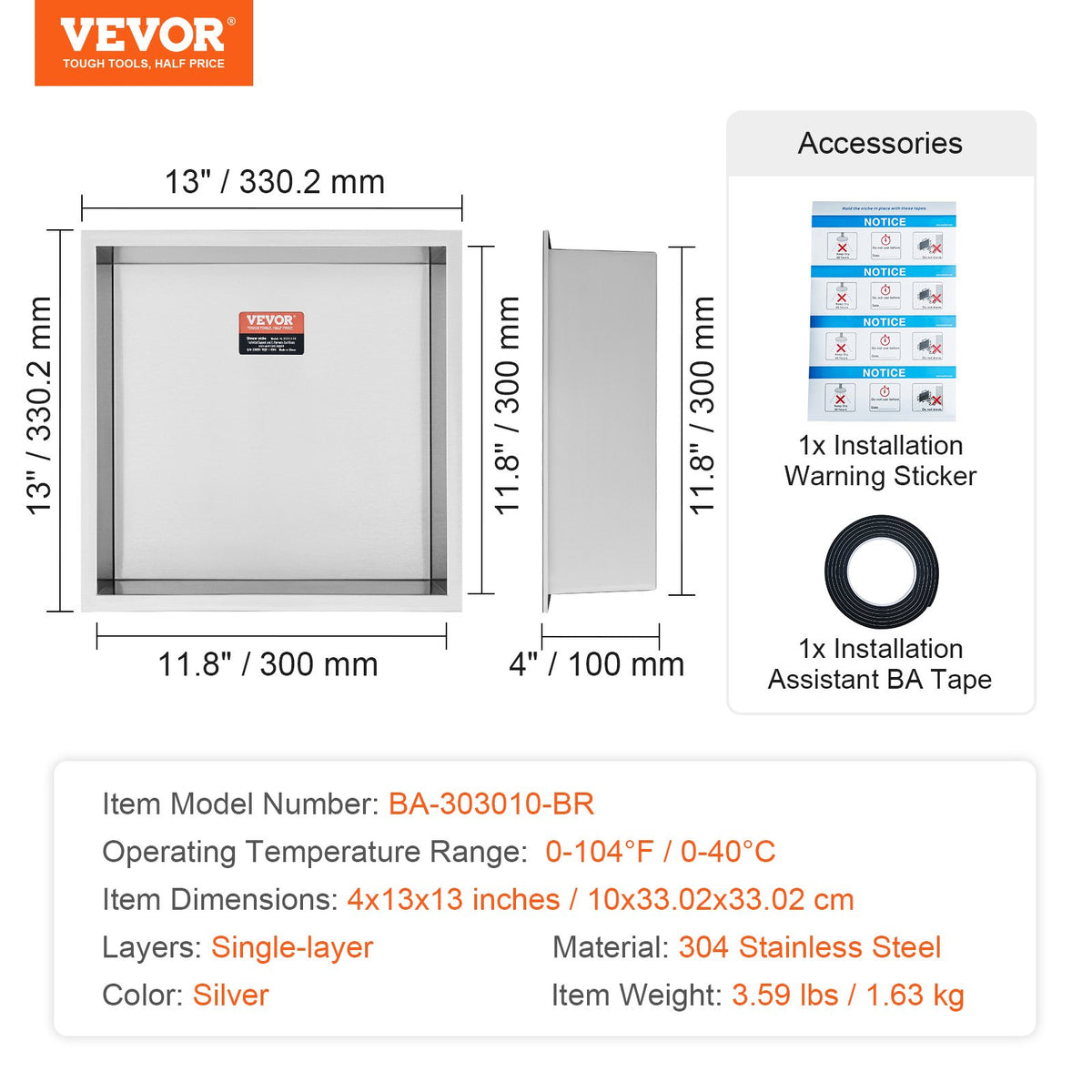 33.02 x 33.02 cm No Tile Shower Niche 304 Stainless Steel, Wall-Inserted Niche Recessed Double Shelves, V952-BXGLYBK1C13YZKIQ0V0