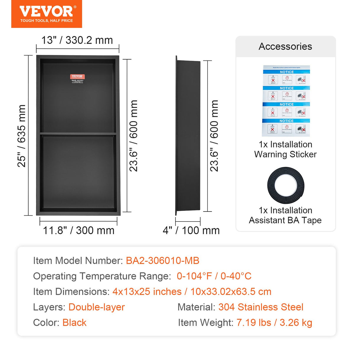 33.02 x 63.5 cm No Tile Shower Niche 304 Stainless Steel, Wall-Inserted Niche Recessed Double Shelves, Sealed V952-BXGLYBK2C13YEJQ0NV0