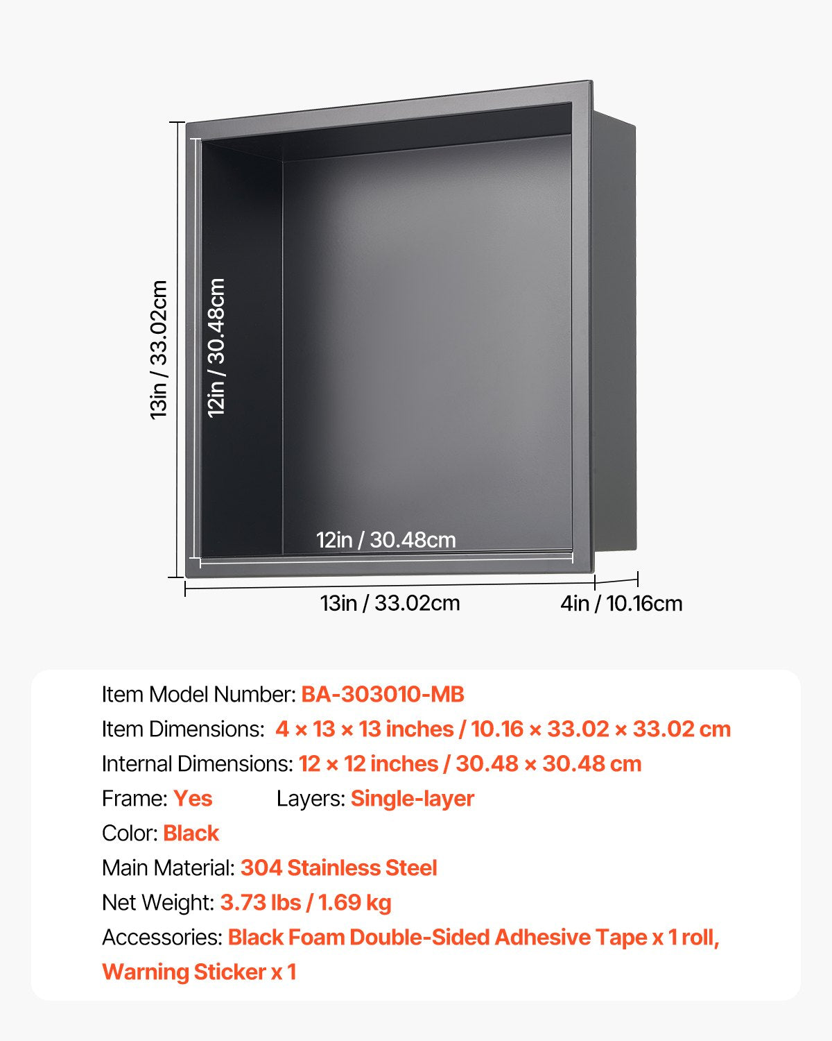 Shower Niche, 33.0 x 33.0 x 10.2 cm Recessed Wall Niche, Heavy-duty Stainless Steel Modern Soap & Shampoo V952-BXGLYBKHS1C1MYHU6001V0
