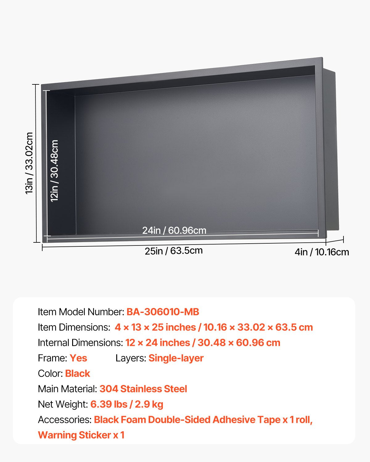 Shower Niche, 33.0 x 63.5 x 10.2 cm Recessed Wall Niche, Heavy-duty Stainless Steel Modern Soap & Shampoo V952-BXGLYBKHS1C1QL8XL001V0