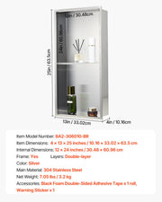 Shower Niche, 33.0 x 63.5 x 10.2 cm Recessed Wall Niche Double-layer, with Hollowed-out Divider, Heavy-duty V952-BXGLYBKYS2C198038001V0
