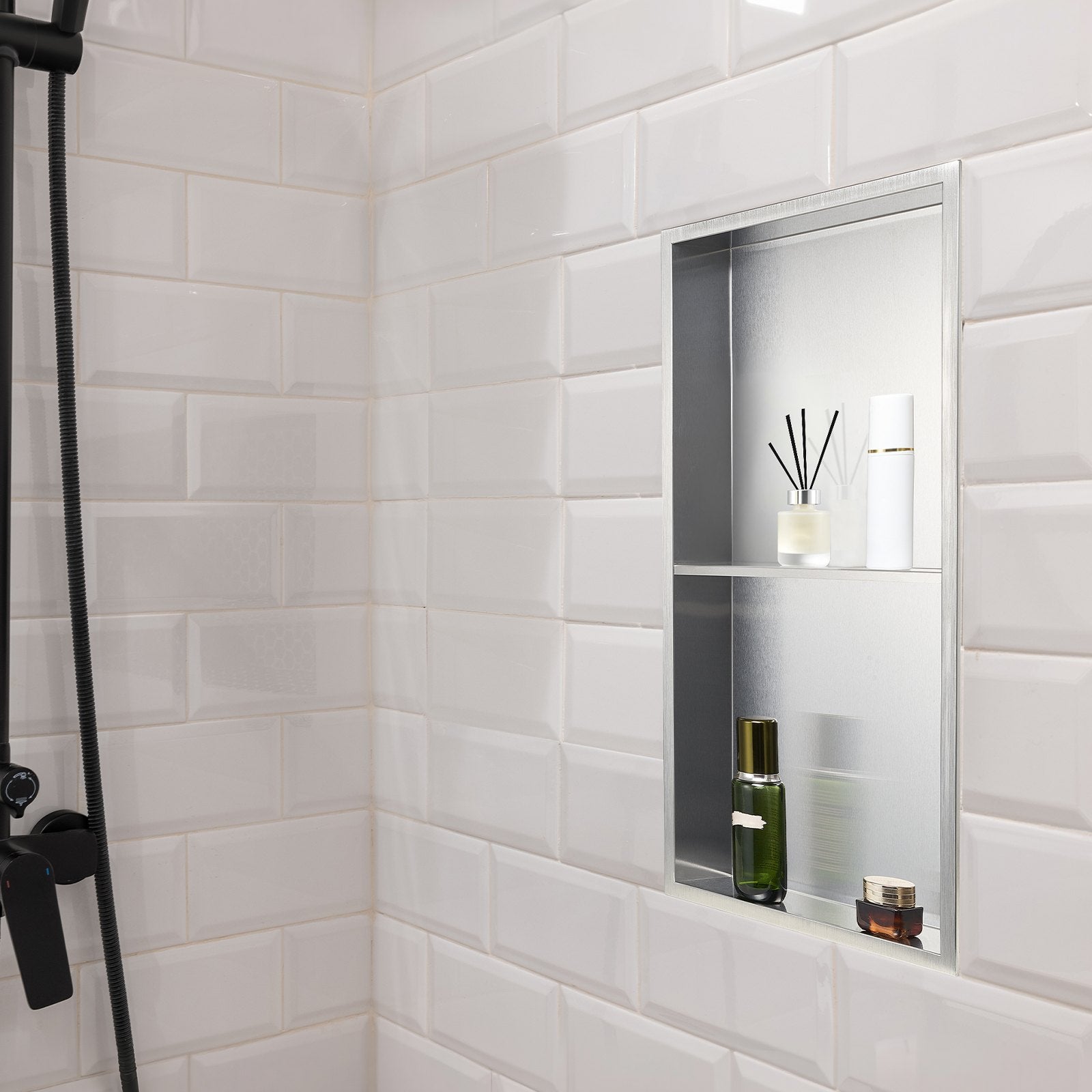 Shower Niche, 33.0 x 63.5 x 10.2 cm Recessed Wall Niche Double-layer, with Hollowed-out Divider, Heavy-duty V952-BXGLYBKYS2C198038001V0