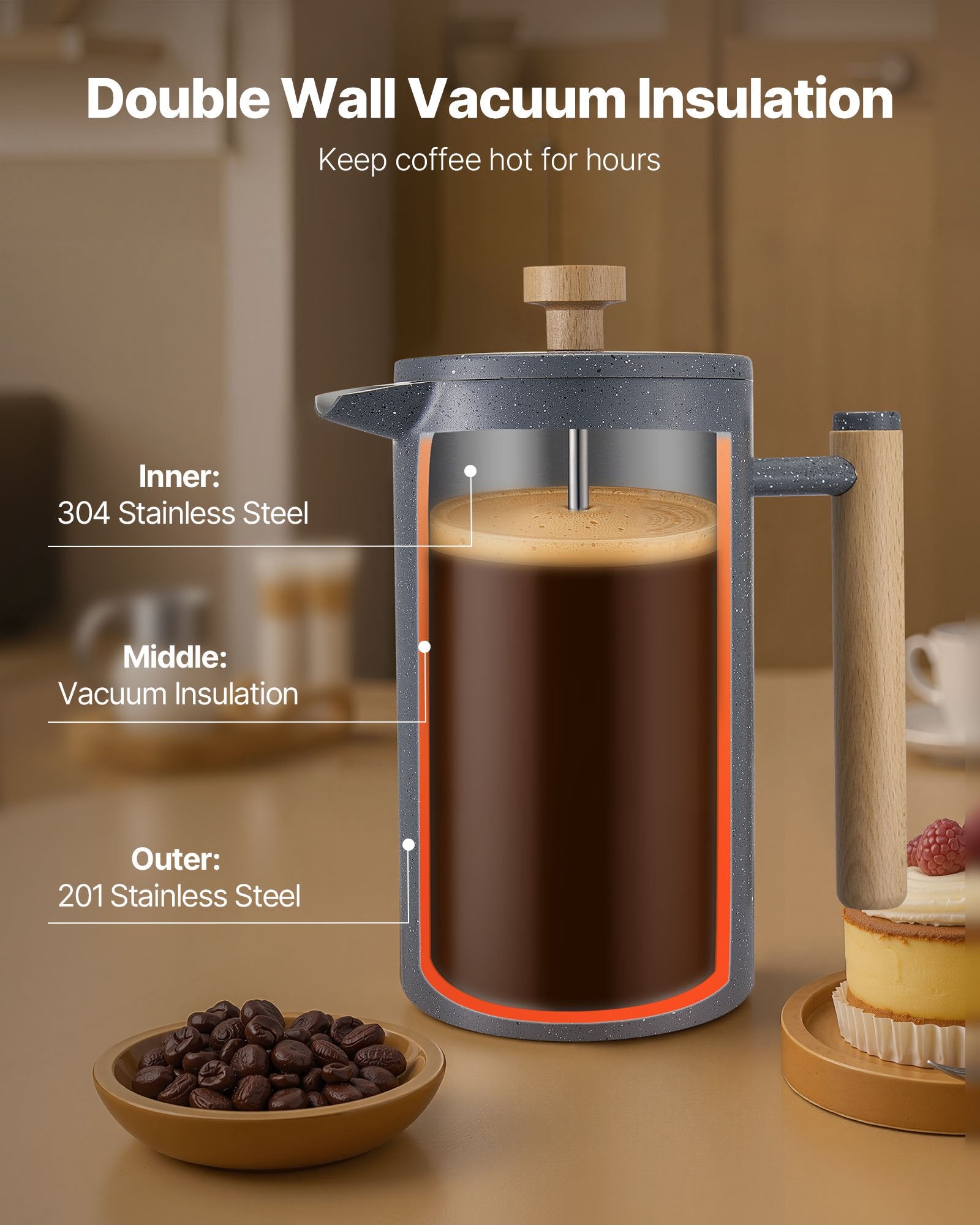 French Press Coffee Maker, 1 Liter Stainless Steel Coffee Press Tea Maker with Filter, Large Double Wall V952-BXGPTKFYHBXGCDHOU001V0