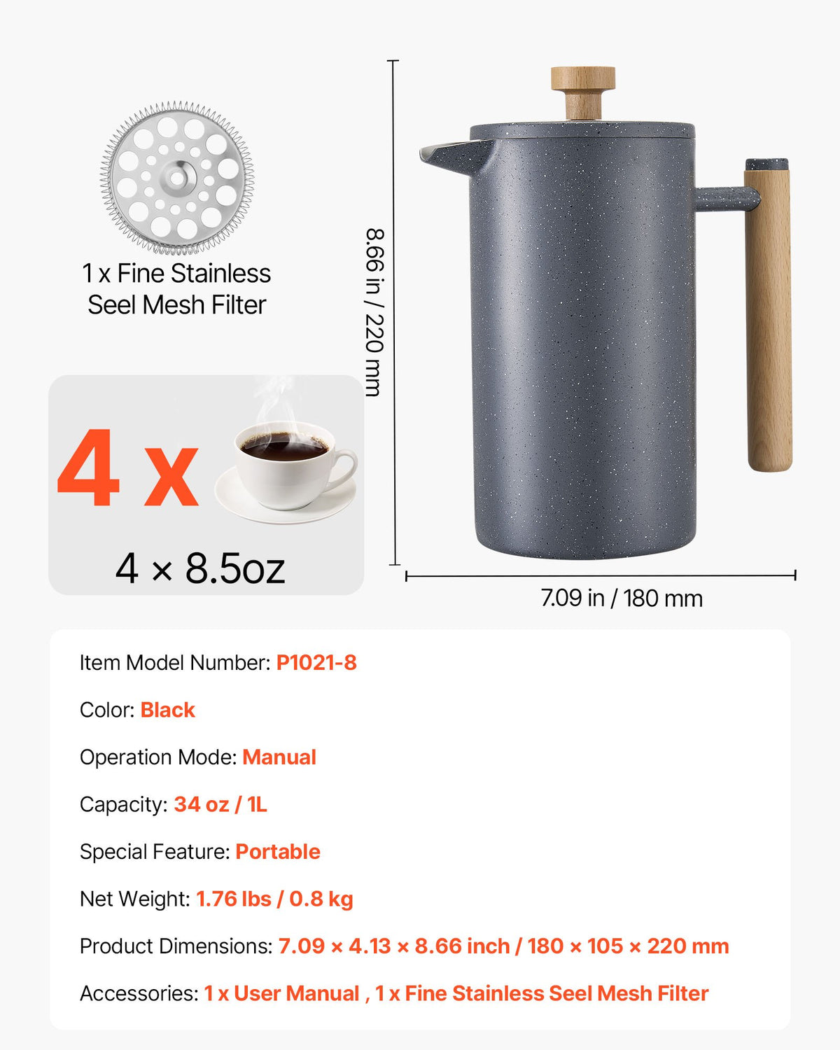 French Press Coffee Maker, 1 Liter Stainless Steel Coffee Press Tea Maker with Filter, Large Double Wall V952-BXGPTKFYHBXGCDHOU001V0